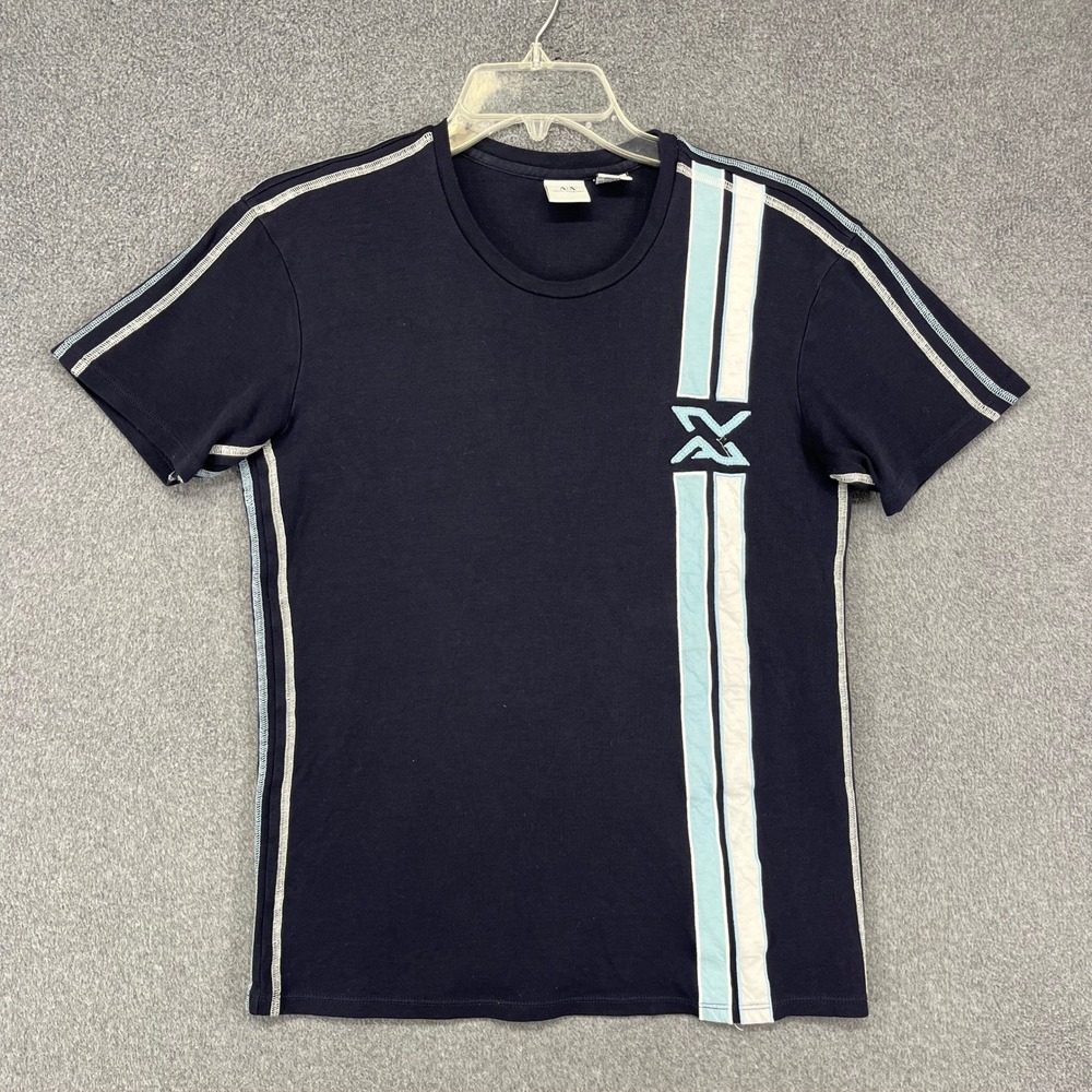 Armani Exchange T-Shirt Men M Navy Blue Pima Cotton Retro Racing Stripe Logo Tee